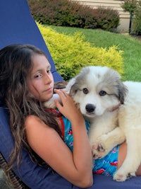 a young girl laying in a lawn chair with a white dog