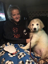 a woman sits in the back seat of a vehicle with a dog